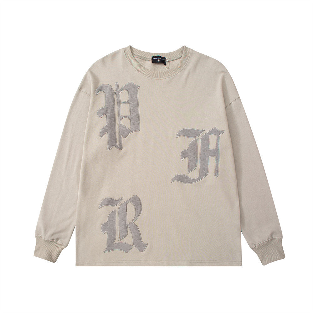 Embroidered Letters Long Sleeve T-Shirt Men Street Loose Crew Neck Top