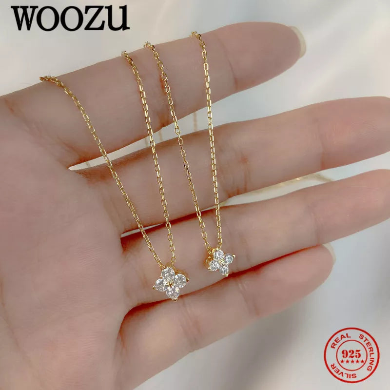 WOOZU 925 Sterling Silver French Cute Four-Leaf Flower Pendant