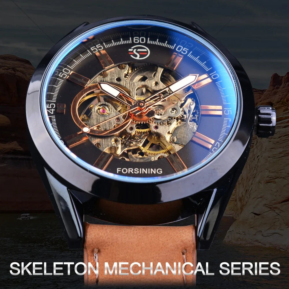 Forsining Blue Light Glass Mens Casual Sport Watch Leather Military Automatic Men Mechanical Wrist Watch Skeleton Luminous Clock