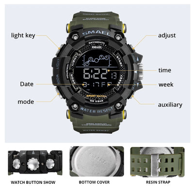 SMAEL Mens Watch Military Waterproof Sport WristWatch Digital Stopwatches for Men 1802 Military Electronic Watches Male Clock