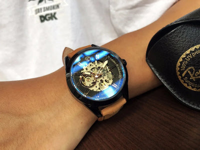 Forsining Blue Light Glass Mens Casual Sport Watch Leather Military Automatic Men Mechanical Wrist Watch Skeleton Luminous Clock