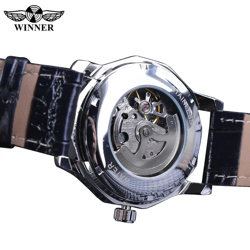 Winner Blue Ocean Geometry Design Transparent Skeleton Dial Mens Watch Top Brand Luxury Automatic Fashion Mechanical Watch Clock