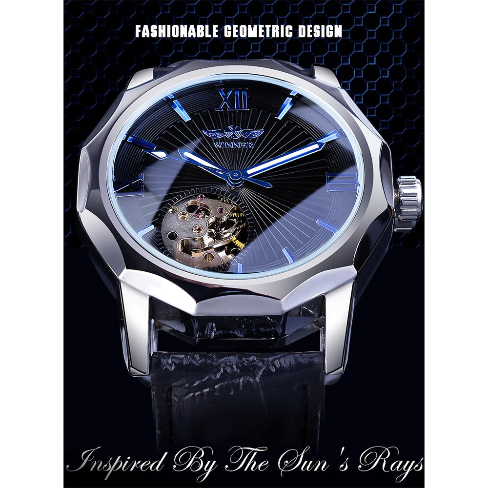 Winner Blue Ocean Geometry Design Transparent Skeleton Dial Mens Watch Top Brand Luxury Automatic Fashion Mechanical Watch Clock