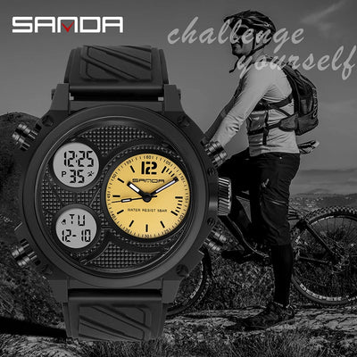 SANDA Three Time Display Quartz Watch for Men LED Sport Digital Watches 50m Waterproof ElectronicWristwatch Alarm Clock Relogio