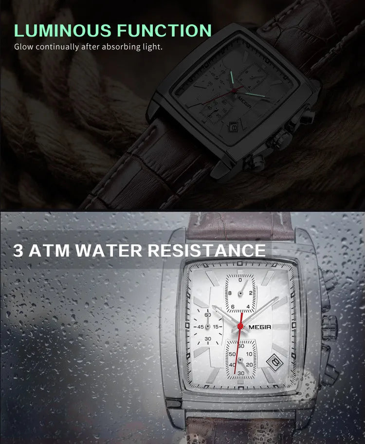 MEGIR Watch Men Business Wristwatch Rectangle Quartz Military Watches Waterproof Luminous Leather Casual Moda Clock Reloj Hombre