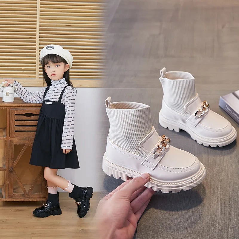 Girls Leather Boots Metal Chains Flying Woven Stitching Boots