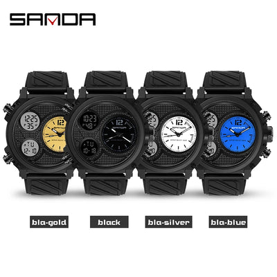 SANDA Three Time Display Quartz Watch for Men LED Sport Digital Watches 50m Waterproof ElectronicWristwatch Alarm Clock Relogio