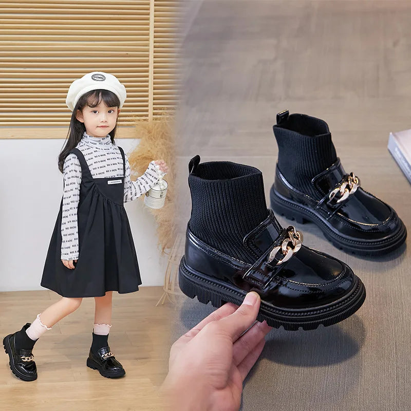 Girls Leather Boots Metal Chains Flying Woven Stitching Boots