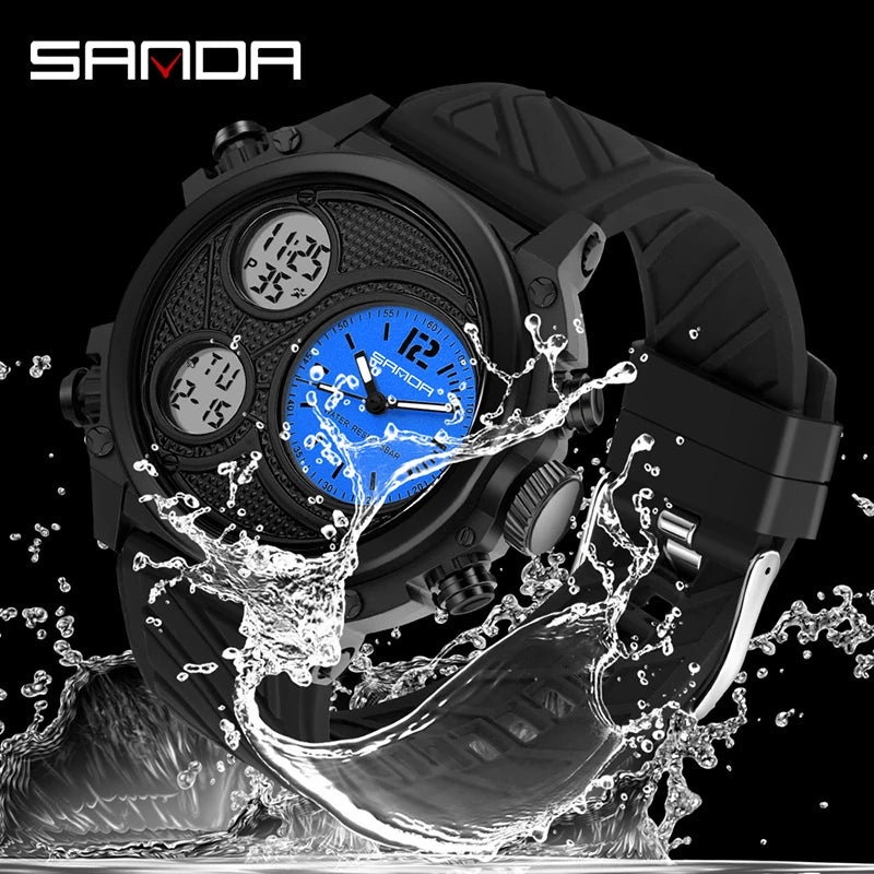 SANDA Three Time Display Quartz Watch for Men LED Sport Digital Watches 50m Waterproof ElectronicWristwatch Alarm Clock Relogio