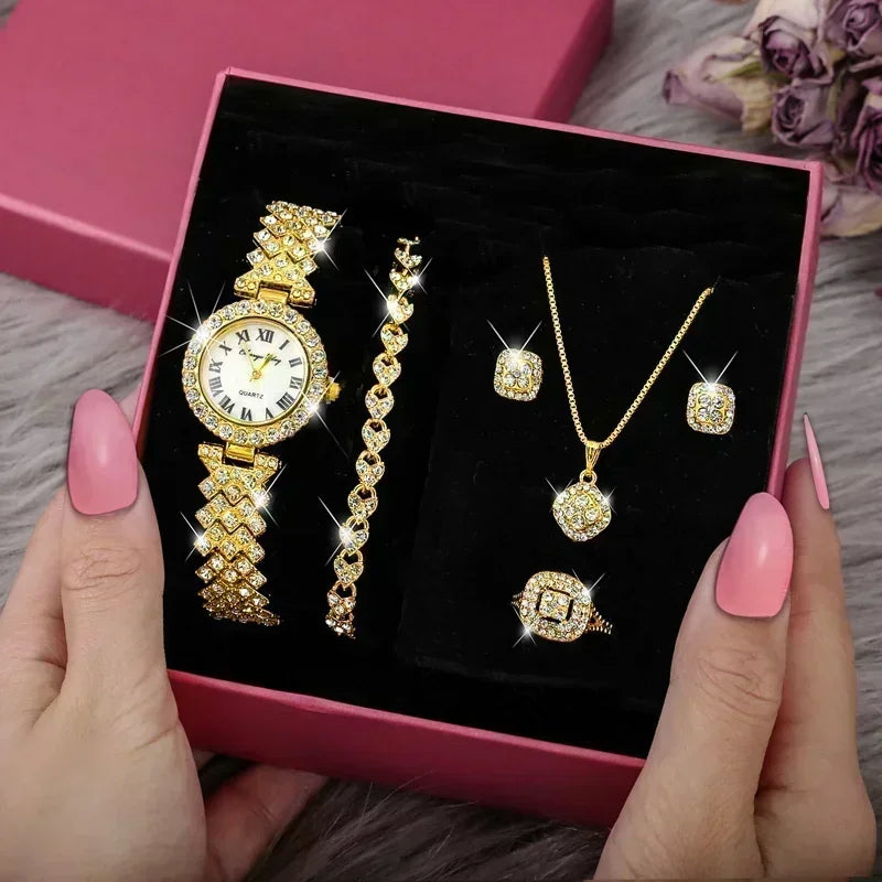 Fashion Luxury Full Crystal 5 Pcs Watch  Necklace Earrings  Ring  Set for Women Rhinestone  Wristwatch Female Bracelet Set Gift