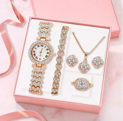 Fashion Luxury Full Crystal 5 Pcs Watch  Necklace Earrings  Ring  Set for Women Rhinestone  Wristwatch Female Bracelet Set Gift