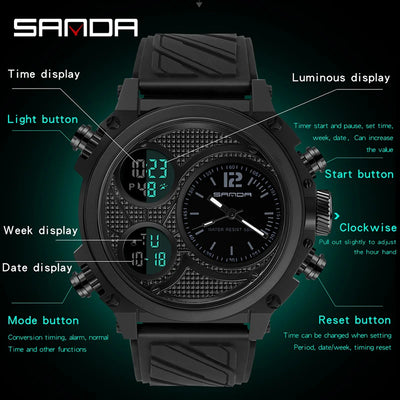 SANDA Three Time Display Quartz Watch for Men LED Sport Digital Watches 50m Waterproof ElectronicWristwatch Alarm Clock Relogio