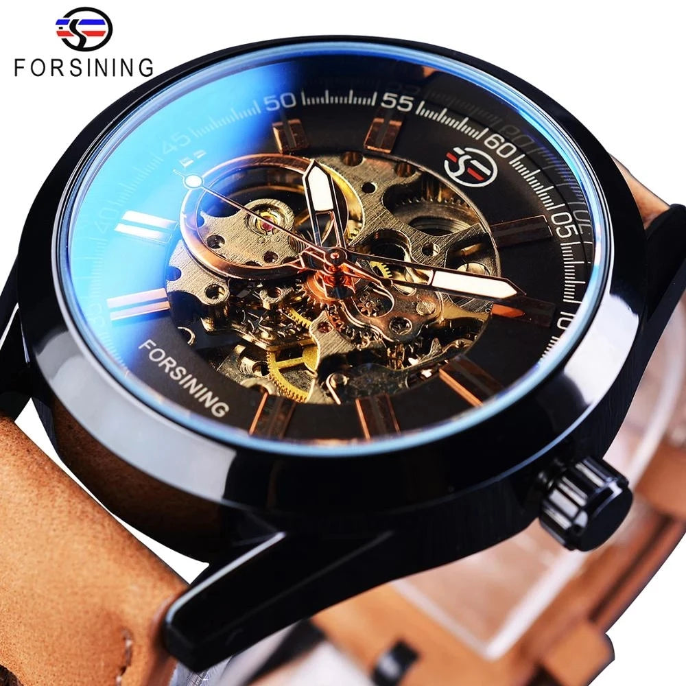 Forsining Blue Light Glass Mens Casual Sport Watch Leather Military Automatic Men Mechanical Wrist Watch Skeleton Luminous Clock