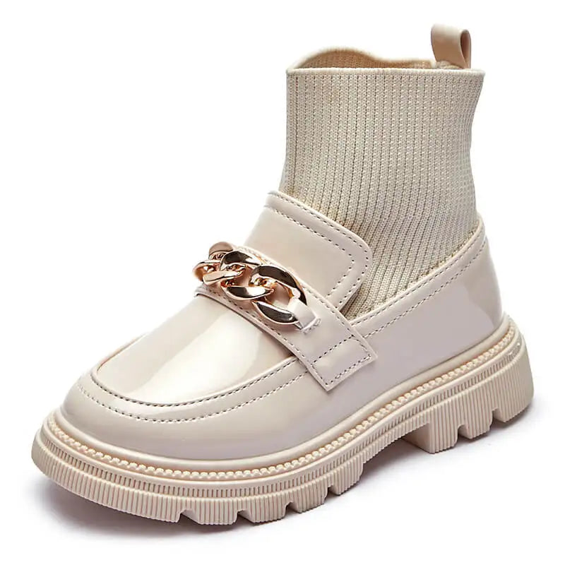 Girls Leather Boots Metal Chains Flying Woven Stitching Boots