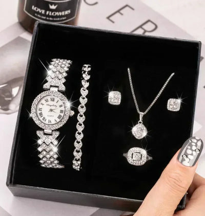 Fashion Luxury Full Crystal 5 Pcs Watch  Necklace Earrings  Ring  Set for Women Rhinestone  Wristwatch Female Bracelet Set Gift