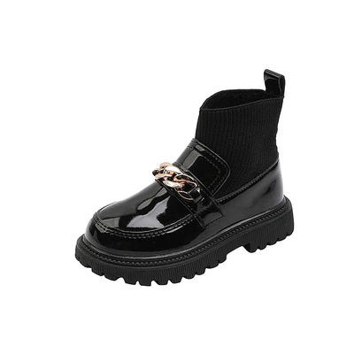 Girls Leather Boots Metal Chains Flying Woven Stitching Boots