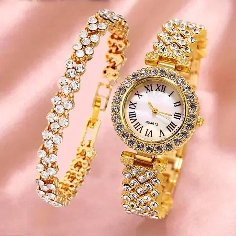 Fashion Luxury Full Crystal 5 Pcs Watch  Necklace Earrings  Ring  Set for Women Rhinestone  Wristwatch Female Bracelet Set Gift