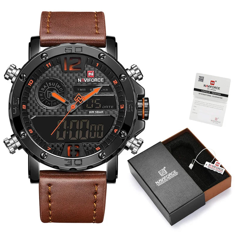 NAVIFORCE Watch Men NF9134 Military Sports Quartz Mens Watches Leather LED Waterproof Digital Male Clock Set for Sale With Box