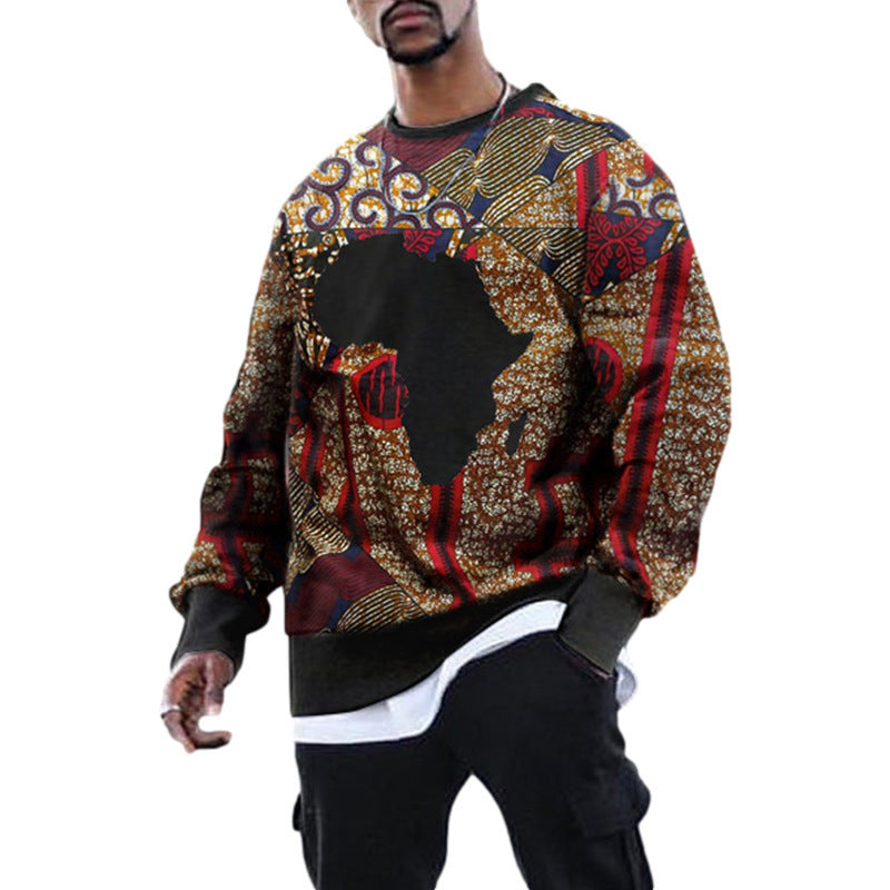 Retro Printed Round Neck Long-sleeved T-shirt Sweater Men