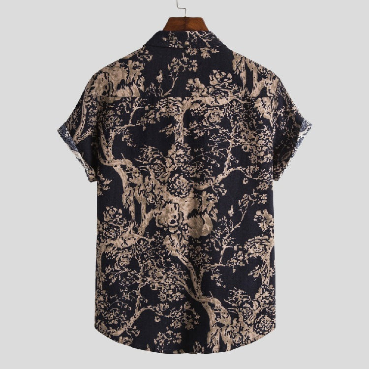 Cotton And Linen Ethnic Style Short Sleeve Plus Size Flower Shirt