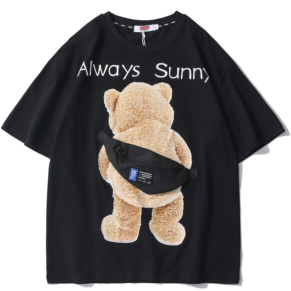 American High Street Bear Creative Patch Bag T-shirt Men